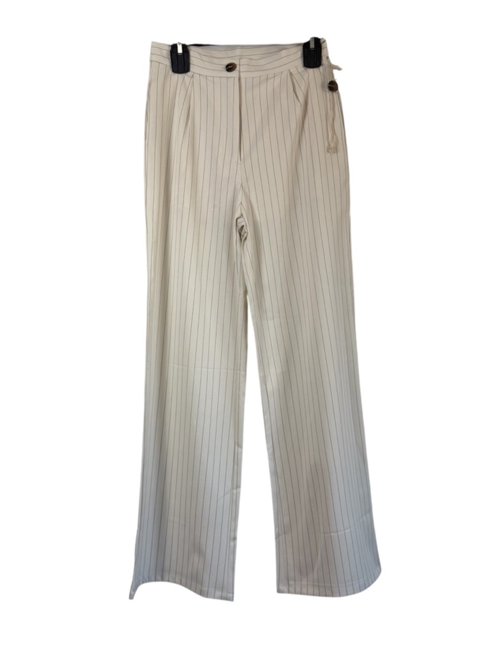 LUMIERE High Waisted Pinstripe Wide Leg Trousers Cream Pleated Dark Academia Sm - Picture 1 of 7